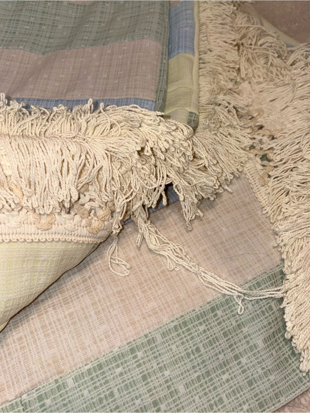 Pastel Patchwork Crochet-Trim Bedspread - White, Blue, Pink, Green - Picture 7 of 7